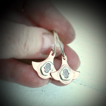 Artisan Sterling Silver and Copper Hamsa Earrings, Moroccan Style, Rustic and One of a Kind, Eid Gift, Giving Hand, Islam