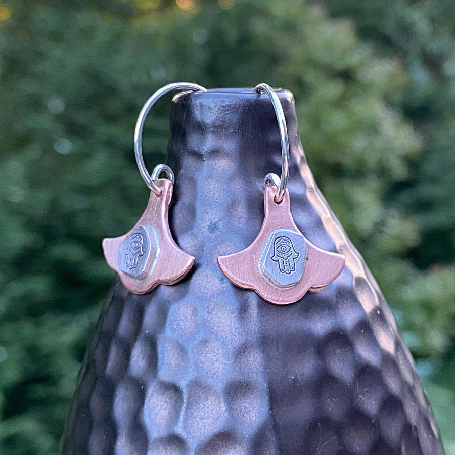 Artisan Sterling Silver and Copper Hamsa Earrings, Moroccan Style, Rustic and One of a Kind, Eid Gift, Giving Hand, Islam