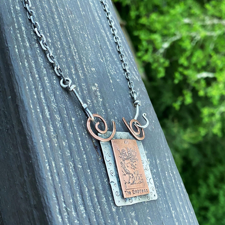 Artisan Sterling Silver & Etched Copper The Empress Tarot Card Necklace, Original Tarot Card Art, Mystic Empress Major Arcana Mixed Metal