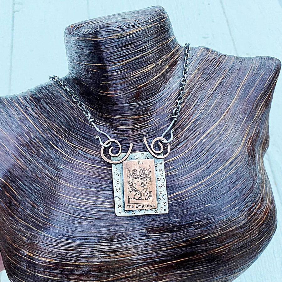 Artisan Sterling Silver & Etched Copper The Empress Tarot Card Necklace, Original Tarot Card Art, Mystic Empress Major Arcana Mixed Metal