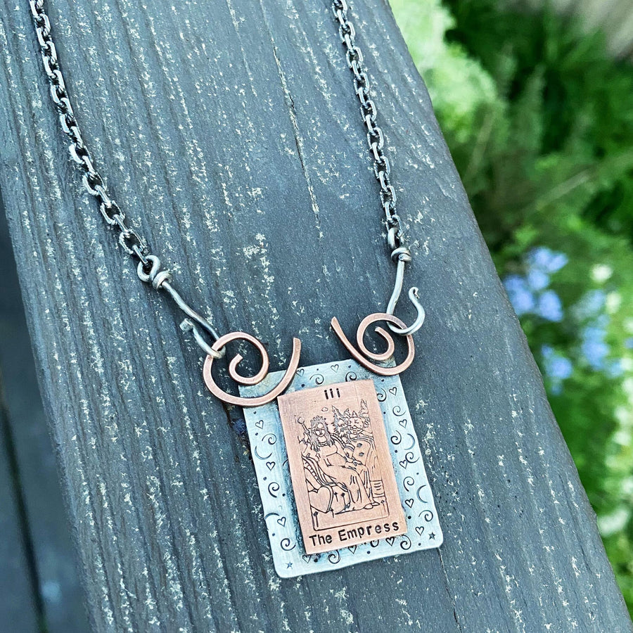 Artisan Sterling Silver & Etched Copper The Empress Tarot Card Necklace, Original Tarot Card Art, Mystic Empress Major Arcana Mixed Metal