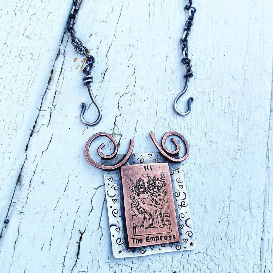 Artisan Sterling Silver & Etched Copper The Empress Tarot Card Necklace, Original Tarot Card Art, Mystic Empress Major Arcana Mixed Metal