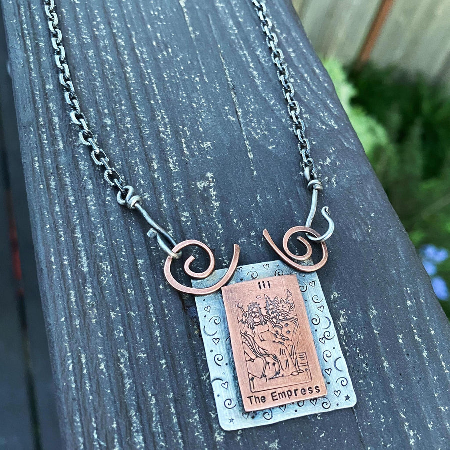 Artisan Sterling Silver & Etched Copper The Empress Tarot Card Necklace, Original Tarot Card Art, Mystic Empress Major Arcana Mixed Metal