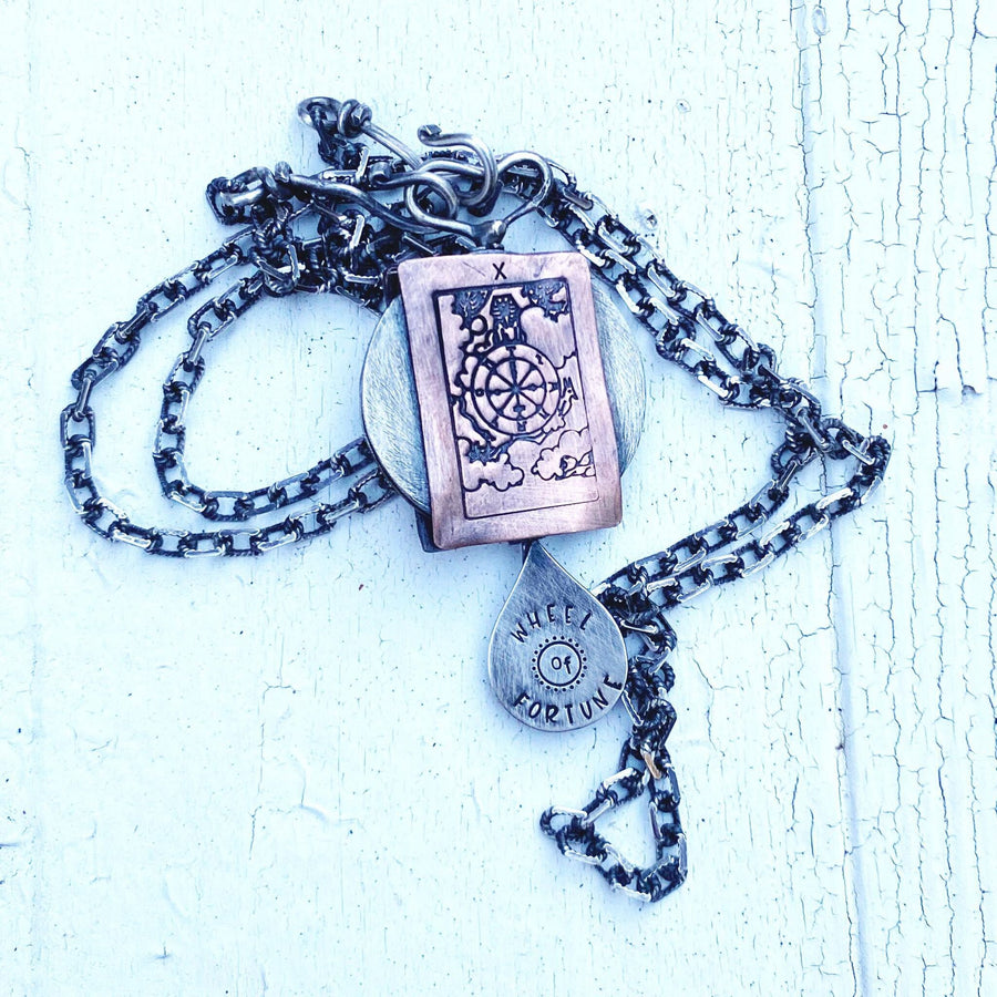 Artisan Sterling Silver & Etched Copper Wheel of Fortune Tarot Card Necklace, Original Tarot Art, Mixed Metal Pendant, Tarot Reading Gift