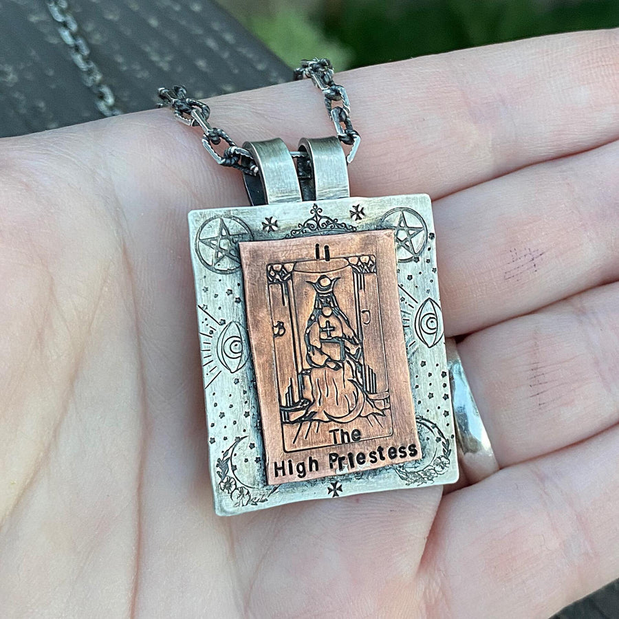 Artisan Sterling Silver & Etched Copper The High Priestess Tarot Card Necklace, Original Tarot Art, Mixed Metal Pendant, Tarot Reading Gift