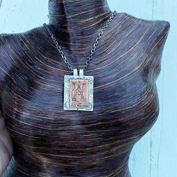 Artisan Sterling Silver & Etched Copper The High Priestess Tarot Card Necklace, Original Tarot Art, Mixed Metal Pendant, Tarot Reading Gift