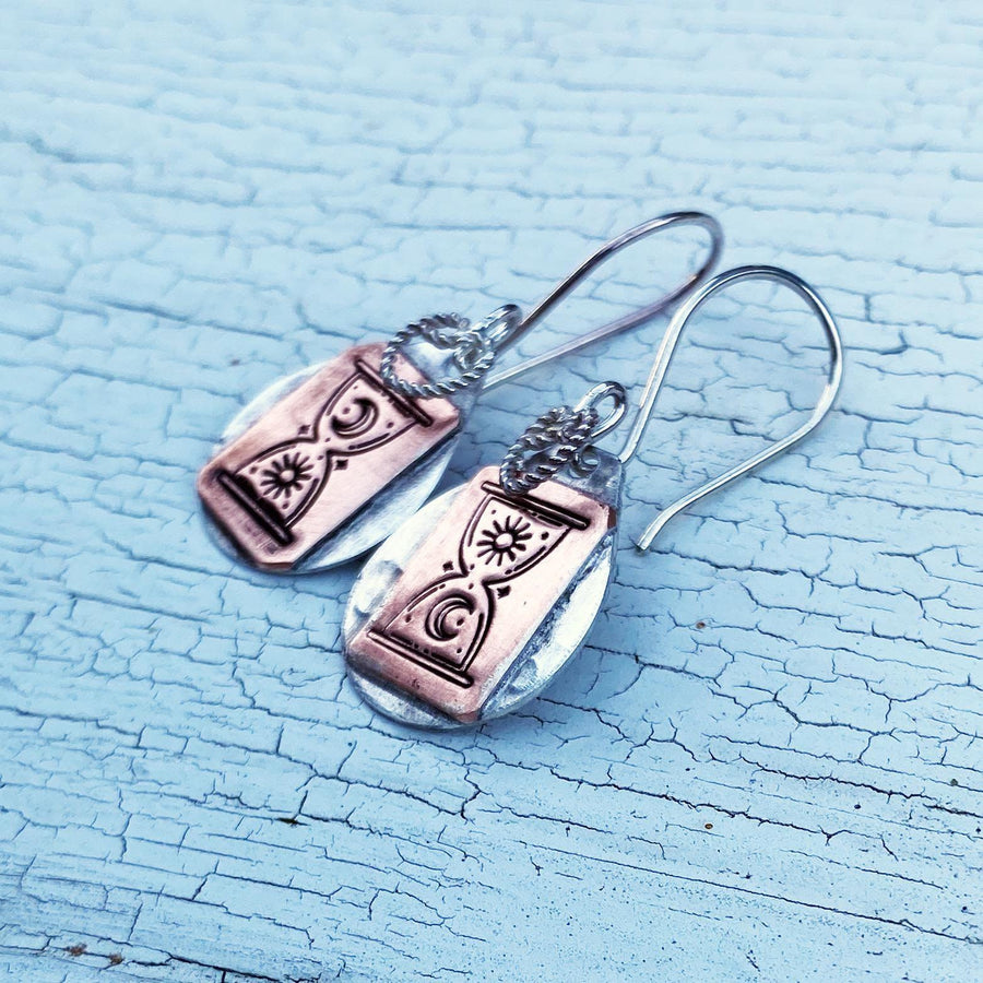 Artisan Sterling Silver and Copper Mystic Hourglass Earrings, Esoteric Earrings, Sun and Moon Earrings, Mixed Metal, Wiccan, Hour Glass