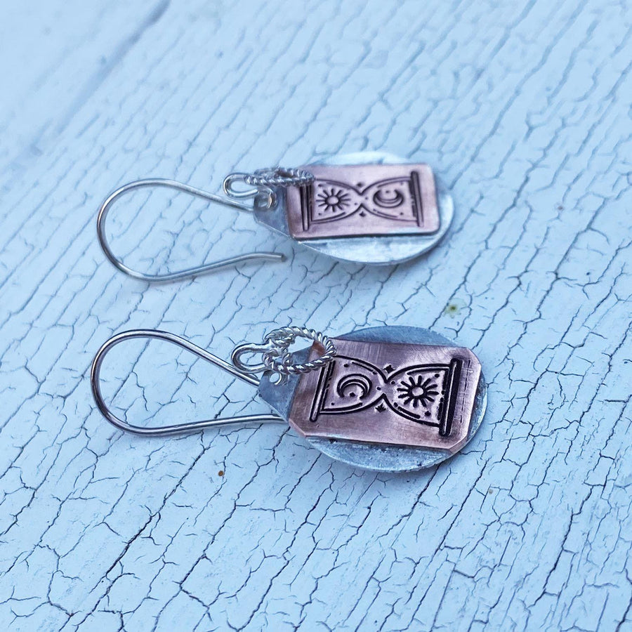 Artisan Sterling Silver and Copper Mystic Hourglass Earrings, Esoteric Earrings, Sun and Moon Earrings, Mixed Metal, Wiccan, Hour Glass