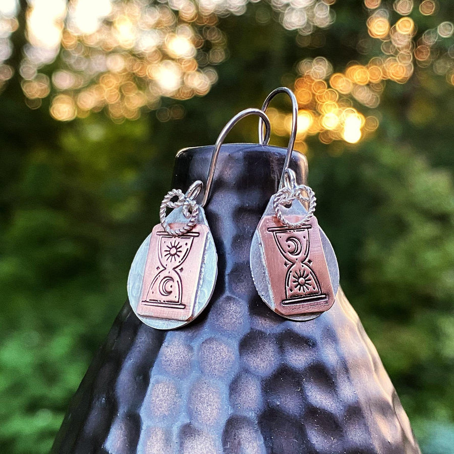 Artisan Sterling Silver and Copper Mystic Hourglass Earrings, Esoteric Earrings, Sun and Moon Earrings, Mixed Metal, Wiccan, Hour Glass