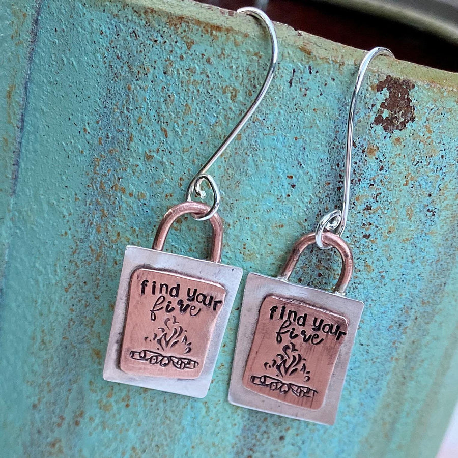 Artisan Sterling Silver and Copper Find Your Fire Earrings, Campfire, Flames, Bonfire, Camping Fire, Rustic Artisan Hand Stamped Design Fire