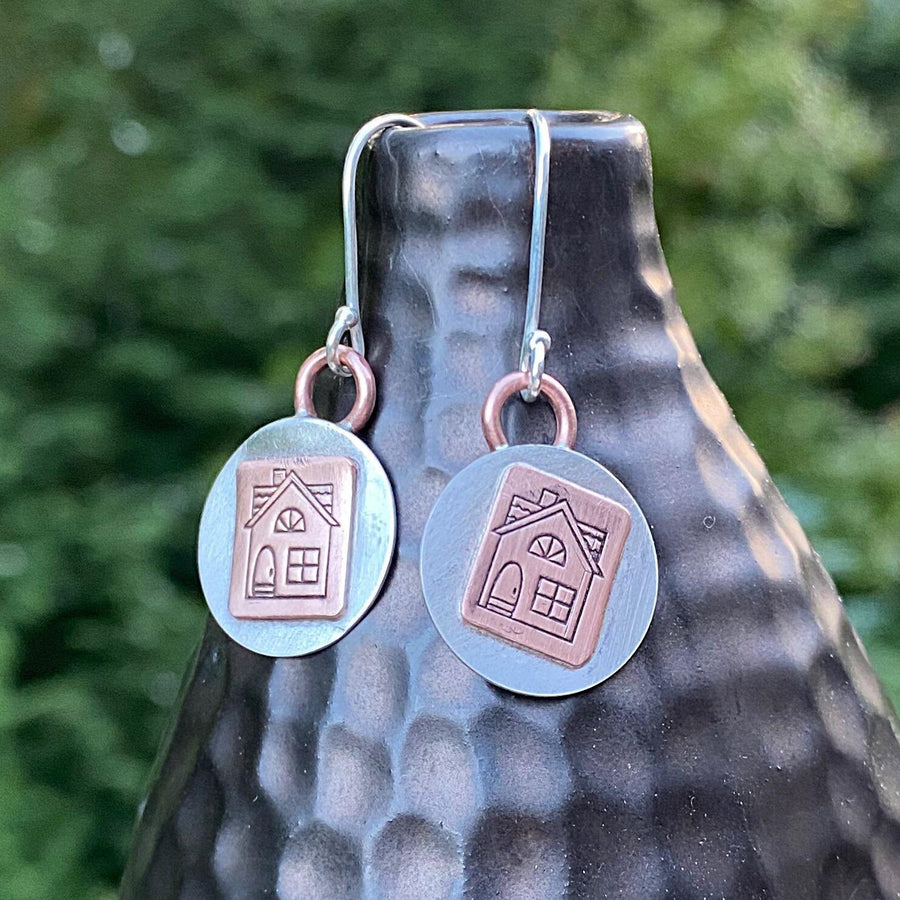 Artisan Sterling Silver and Copper House Earrings, Real Estate Agent Earrings, Home Earrings, Rustic and One of a Kind, New Home Gift