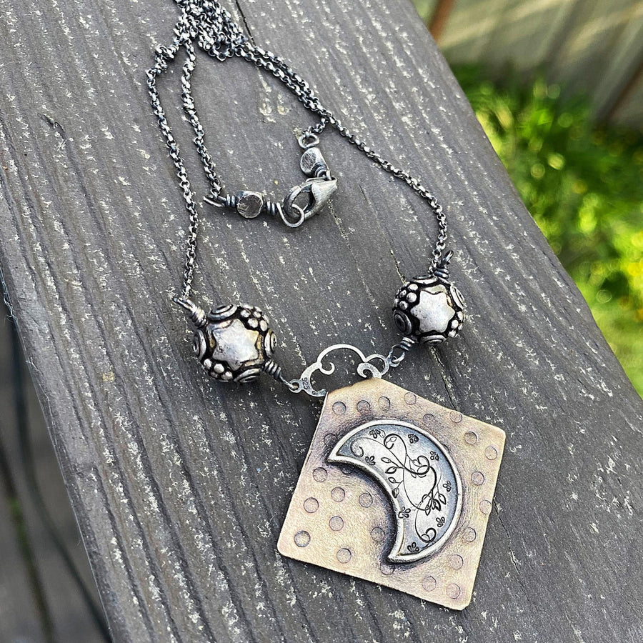 Artisan Sterling Silver & Etched Copper The Moon Tarot Card Necklace, Original Tarot Art, Mixed Metal Pendant, Moon Star Tarot Reading Gift