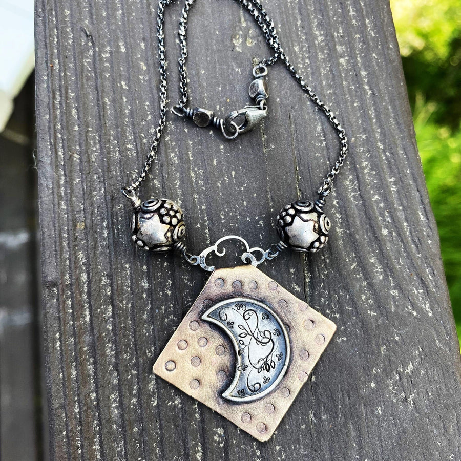 Artisan Sterling Silver & Etched Copper The Moon Tarot Card Necklace, Original Tarot Art, Mixed Metal Pendant, Moon Star Tarot Reading Gift