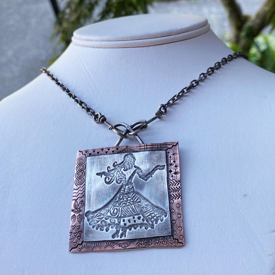 Artisan Sterling Silver & Copper Dancing Woman Lady Pattern Scene Pendant Necklace, Inspirational Frida Kahlo, Lady in a Dress, Dance