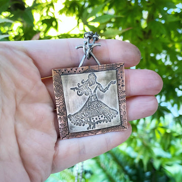 Artisan Sterling Silver & Copper Dancing Woman Lady Pattern Scene Pendant Necklace, Inspirational Frida Kahlo, Lady in a Dress, Dance