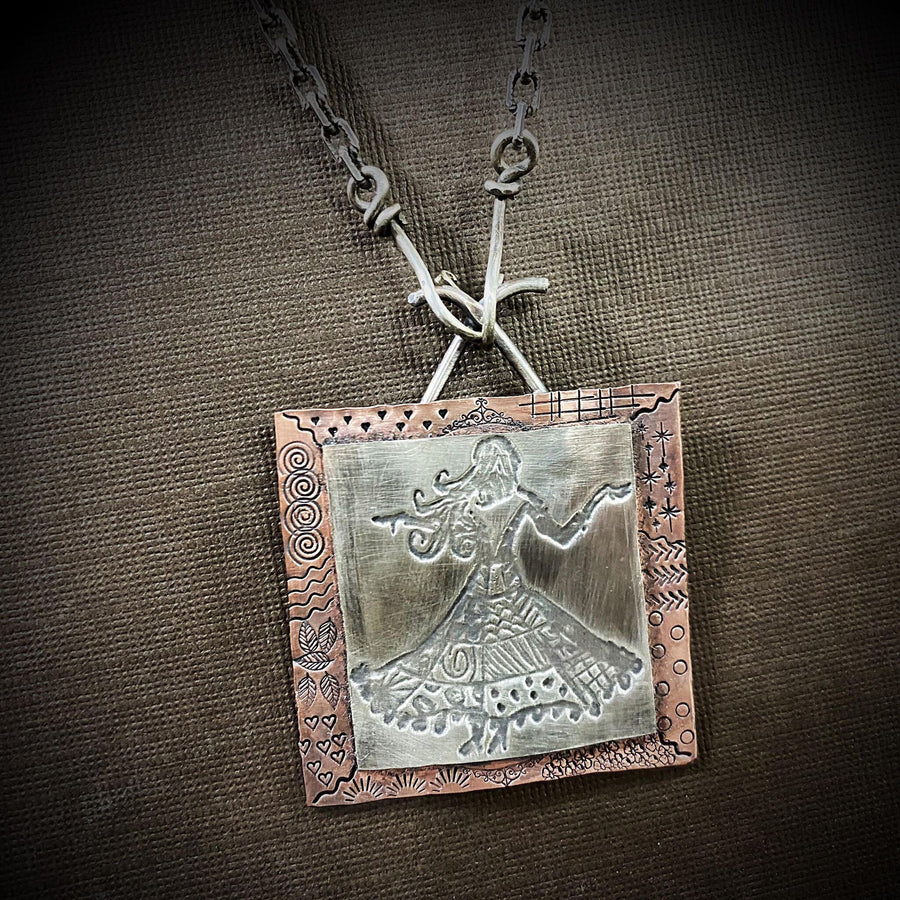 Artisan Sterling Silver & Copper Dancing Woman Lady Pattern Scene Pendant Necklace, Inspirational Frida Kahlo, Lady in a Dress, Dance