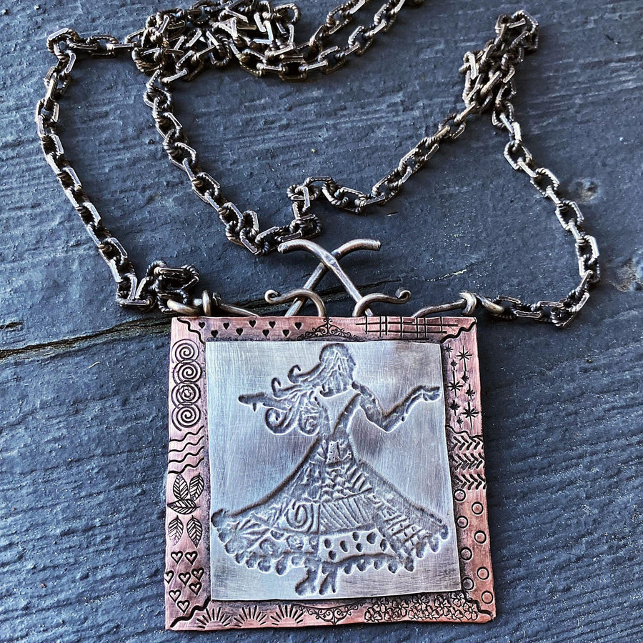 Artisan Sterling Silver & Copper Dancing Woman Lady Pattern Scene Pendant Necklace, Inspirational Frida Kahlo, Lady in a Dress, Dance