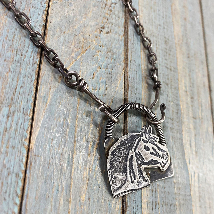 Artisan Solid Sterling Silver Freehand-Drawn One of a Kind Horse Head Pendant Necklace, Inspirational Freedom, Riding, Equine, Etched, Wrap