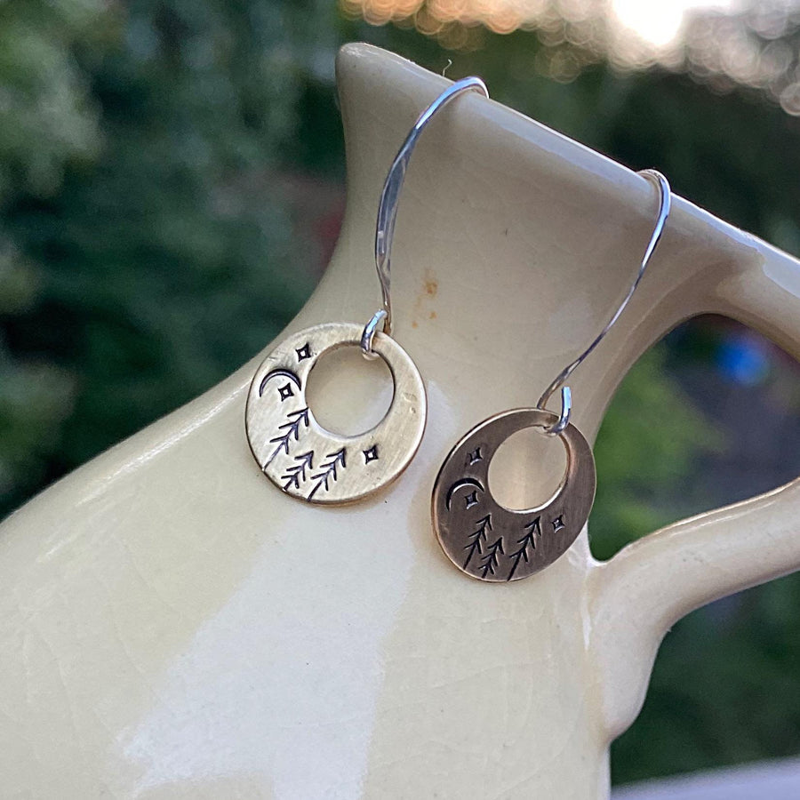 Artisan Sterling Silver & Brass Stamped forest starry sky Moon Earrings, Minimalist, Ear Wire, Unique, Original Trees Starry Night Moon