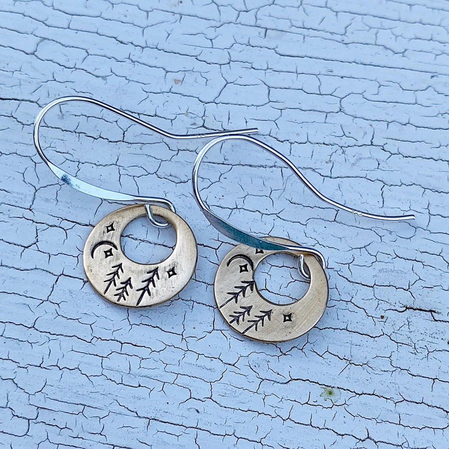 Artisan Sterling Silver & Brass Stamped forest starry sky Moon Earrings, Minimalist, Ear Wire, Unique, Original Trees Starry Night Moon