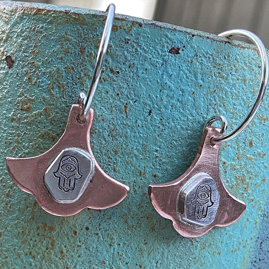 Artisan Sterling Silver and Copper Hamsa Earrings, Moroccan Style, Rustic and One of a Kind, Eid Gift, Giving Hand, Islam