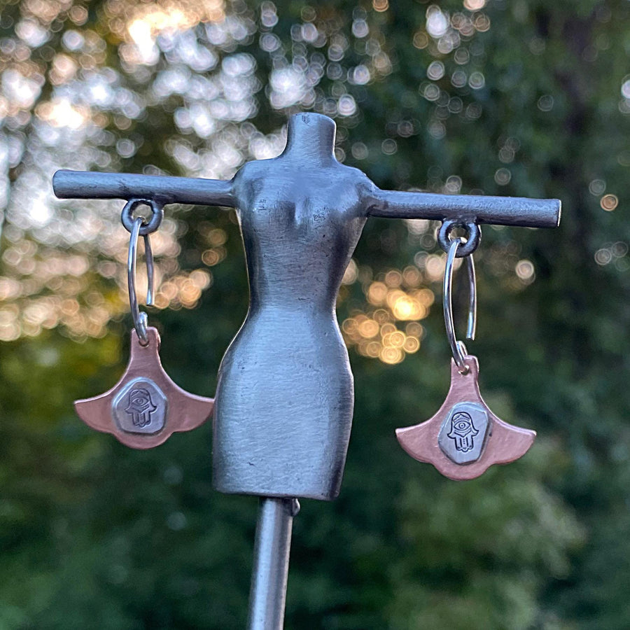 Artisan Sterling Silver and Copper Hamsa Earrings, Moroccan Style, Rustic and One of a Kind, Eid Gift, Giving Hand, Islam