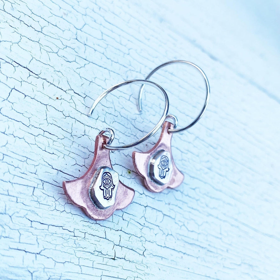 Artisan Sterling Silver and Copper Hamsa Earrings, Moroccan Style, Rustic and One of a Kind, Eid Gift, Giving Hand, Islam