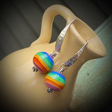 Artisan Sterling Silver & Rainbow Round Lampwork Glass Earrings with Sterling Earwires, Stripes, Colors, Symbolic, LGBTQ+Bali Ear Wires Hook