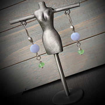 Stunning Artisan Sterling Silver and Blue Lace Agate and Green Quartz Earrings, Bright Sterling Silver Earwires, Stunning Drop Earrings