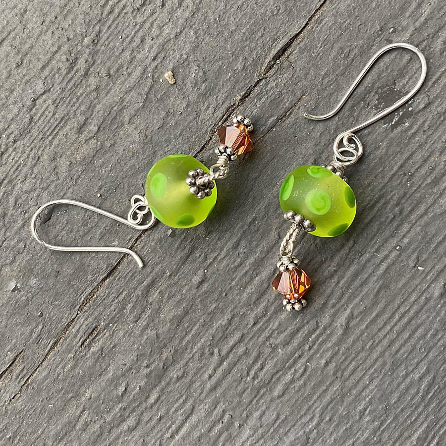 Stunning Artisan Sterling Silver and Dotted Lampwork Glass Green and Burnt Orange Contrast Earrings