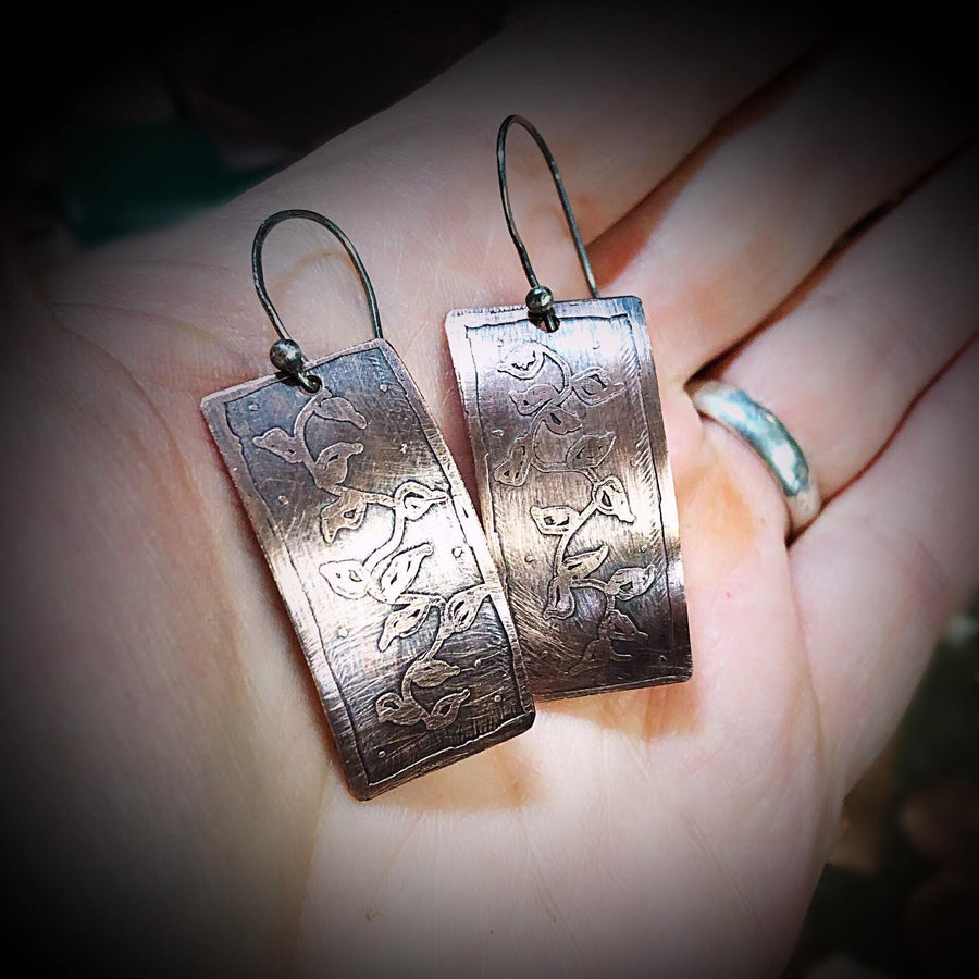 Artisan Sterling Silver and Copper Etched Vine Earrings Versatile Classy Statement One of a Kind Rectangle & Curved Shape Sterling Ear wires