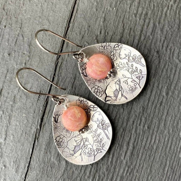 Artisan Sterling Silver Petal & Argentine Rhodocrosite beads with Sterling Earwires Drop Dangle Earrings Beautiful Bali Silver Stamped