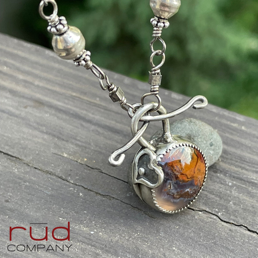 Agatized Multicolor Petrified Wood set in Sterling Silver Necklace, Handmade, Silversmith, One of a kind Artisan Jewelry from Rūd Company