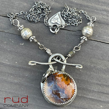 Agatized Multicolor Petrified Wood set in Sterling Silver Necklace, Handmade, Silversmith, One of a kind Artisan Jewelry from Rūd Company