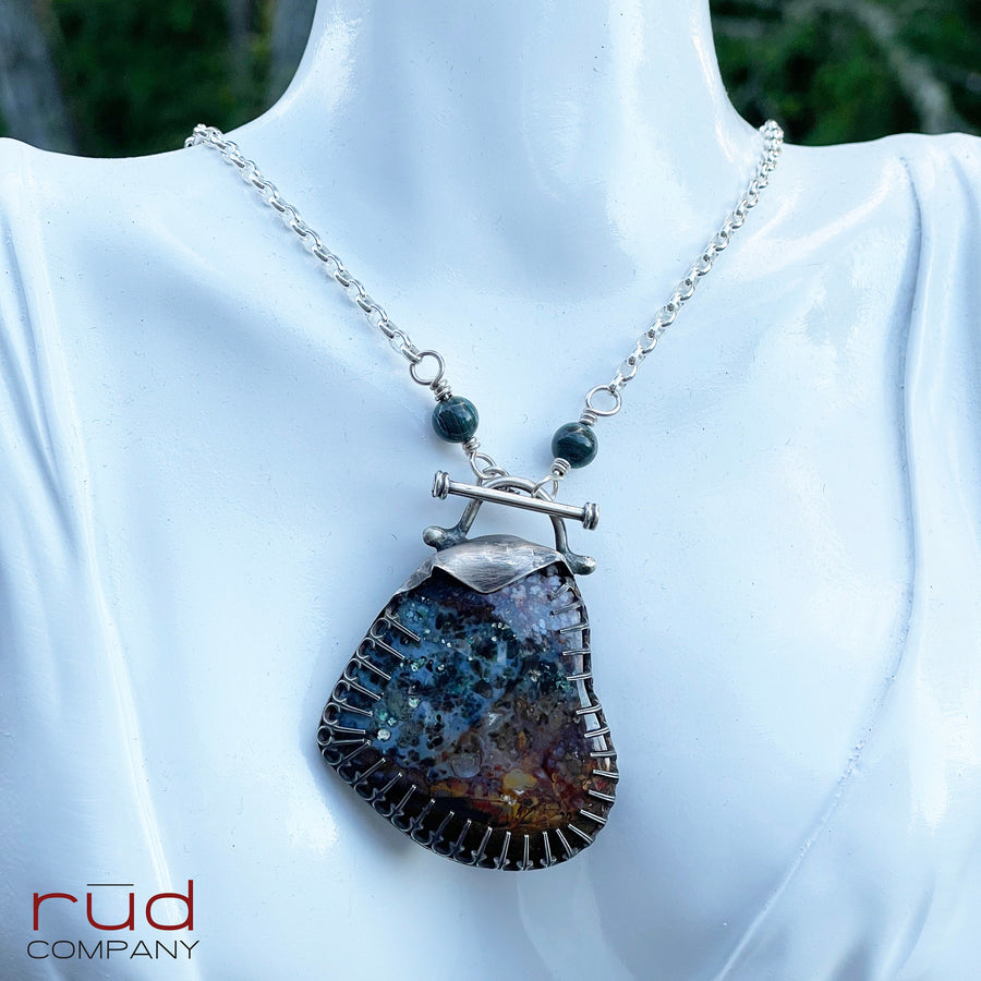 Agatized Multicolor Petrified Wood Heart set in Sterling Silver, Handmade Necklace, Silversmith, One of a kind Artisan Jewelry - Rūd Company