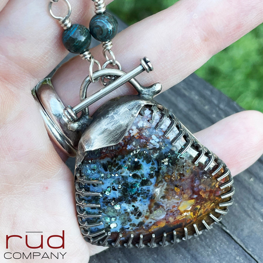 Agatized Multicolor Petrified Wood Heart set in Sterling Silver, Handmade Necklace, Silversmith, One of a kind Artisan Jewelry - Rūd Company