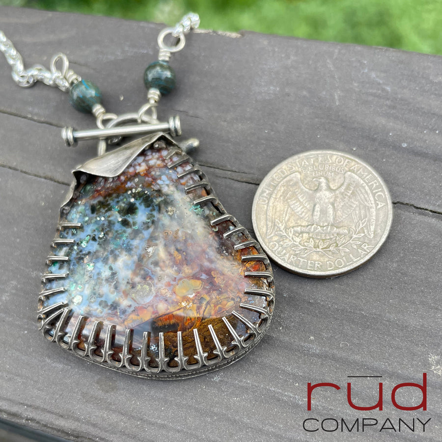 Agatized Multicolor Petrified Wood Heart set in Sterling Silver, Handmade Necklace, Silversmith, One of a kind Artisan Jewelry - Rūd Company