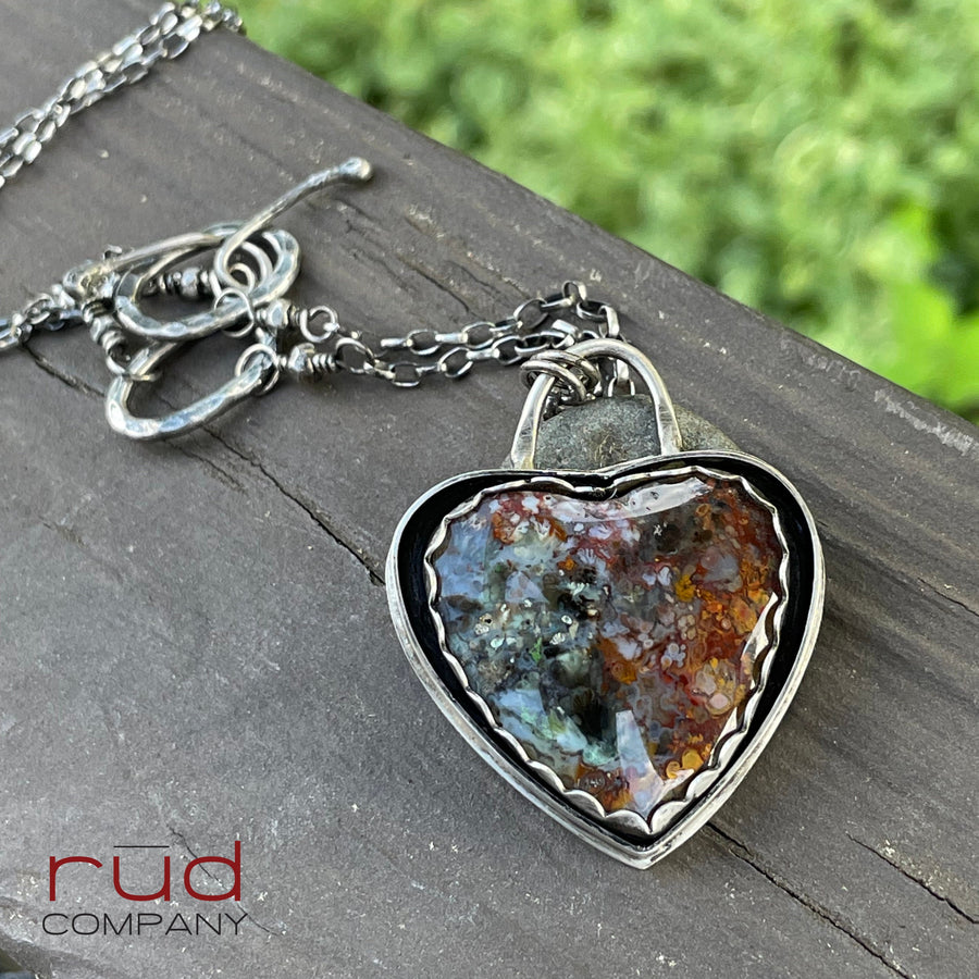 Agatized Multicolor Petrified Wood Heart set in Sterling Silver, Handmade Necklace, Silversmith, One of a kind Artisan Jewelry - Rūd Company