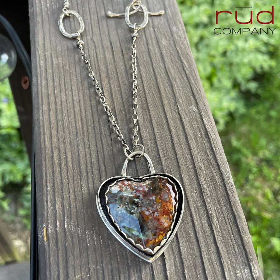 Agatized Multicolor Petrified Wood Heart set in Sterling Silver, Handmade Necklace, Silversmith, One of a kind Artisan Jewelry - Rūd Company