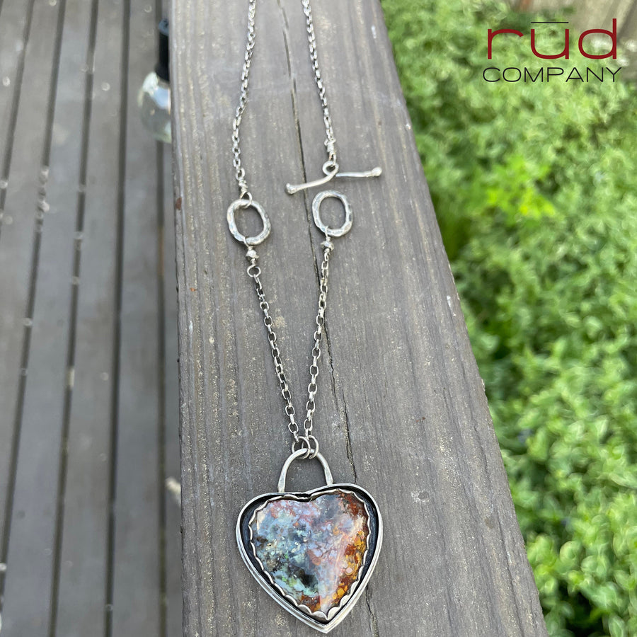 Agatized Multicolor Petrified Wood Heart set in Sterling Silver, Handmade Necklace, Silversmith, One of a kind Artisan Jewelry - Rūd Company