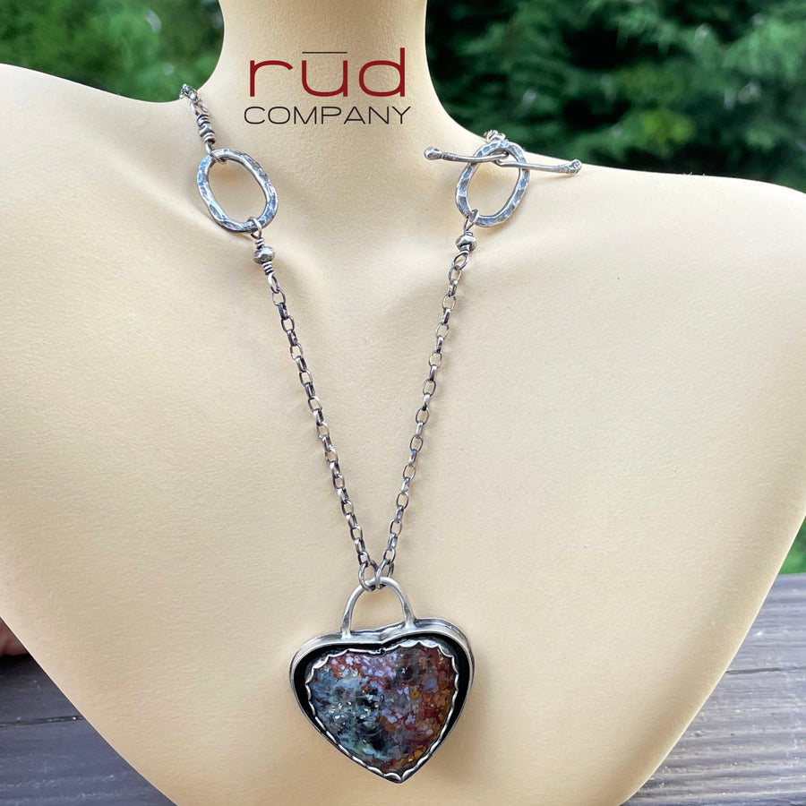 Agatized Multicolor Petrified Wood Heart set in Sterling Silver, Handmade Necklace, Silversmith, One of a kind Artisan Jewelry - Rūd Company