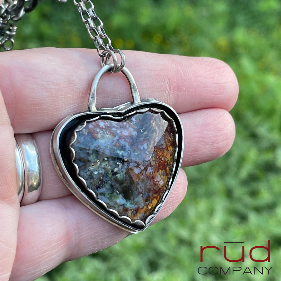 Agatized Multicolor Petrified Wood Heart set in Sterling Silver, Handmade Necklace, Silversmith, One of a kind Artisan Jewelry - Rūd Company