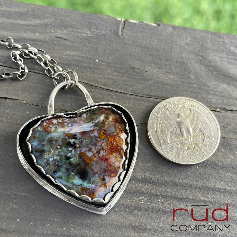 Agatized Multicolor Petrified Wood Heart set in Sterling Silver, Handmade Necklace, Silversmith, One of a kind Artisan Jewelry - Rūd Company