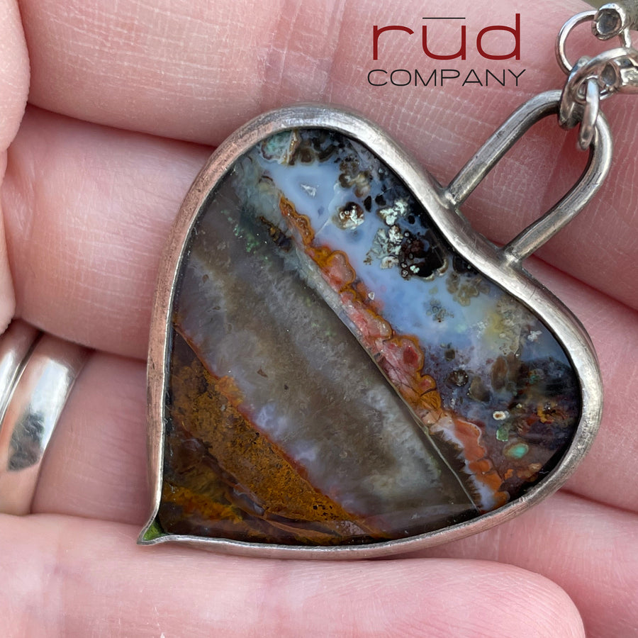 Agatized Multicolor Petrified Wood set in Sterling Silver Necklace, Handmade, Silversmith, One of a kind Artisan Jewelry from Rūd Company