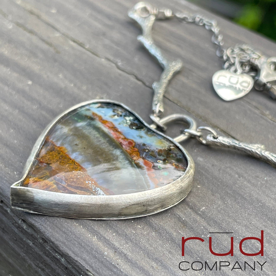 Agatized Multicolor Petrified Wood set in Sterling Silver Necklace, Handmade, Silversmith, One of a kind Artisan Jewelry from Rūd Company