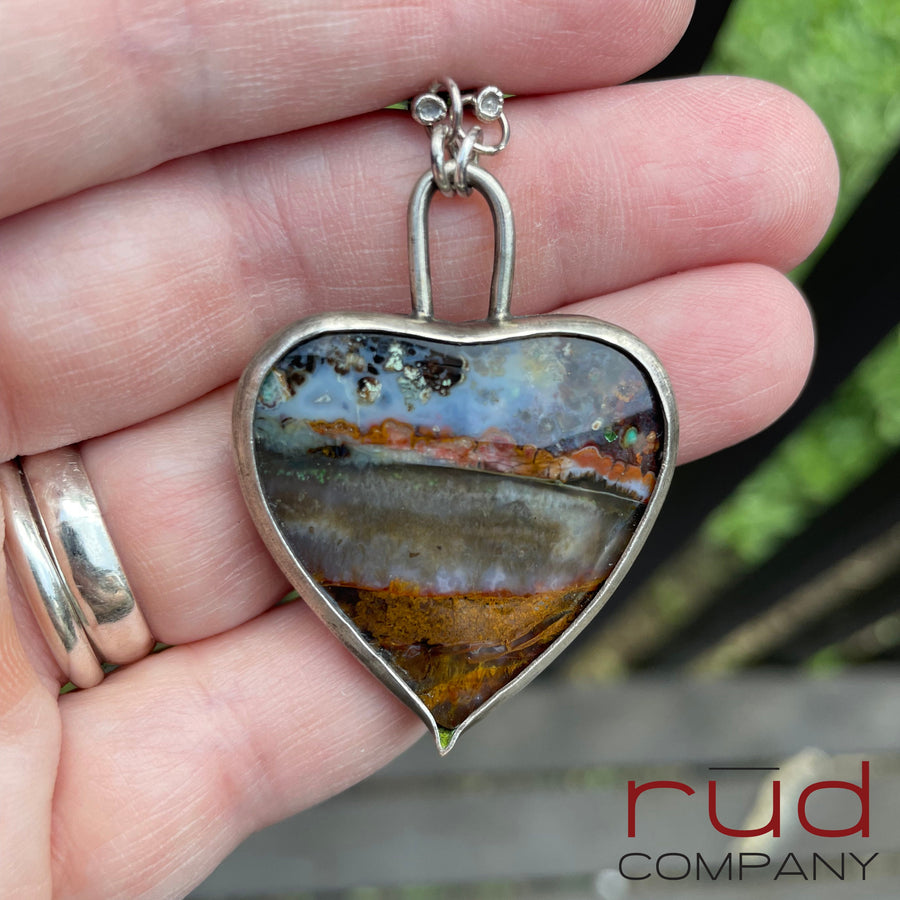 Agatized Multicolor Petrified Wood set in Sterling Silver Necklace, Handmade, Silversmith, One of a kind Artisan Jewelry from Rūd Company