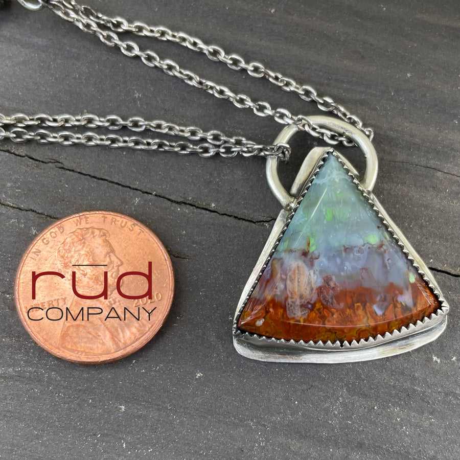 Agatized Multicolor Petrified Wood Triangular, Freeform Cabochon set in Sterling Silver Necklace, One of a kind Artisan Jewelry -Rūd Company