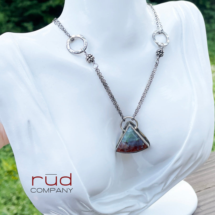 Agatized Multicolor Petrified Wood Triangular, Freeform Cabochon set in Sterling Silver Necklace, One of a kind Artisan Jewelry -Rūd Company