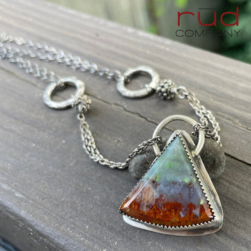 Agatized Multicolor Petrified Wood Triangular, Freeform Cabochon set in Sterling Silver Necklace, One of a kind Artisan Jewelry -Rūd Company