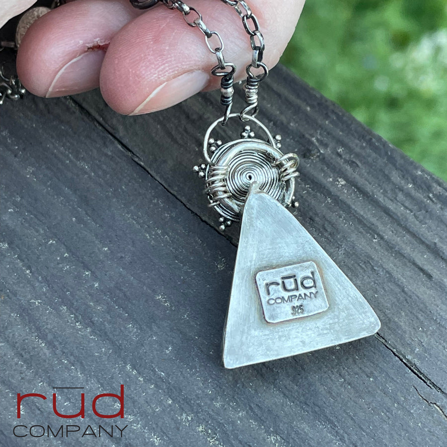 Agatized Multicolor Petrified Wood Triangular, Freeform Cabochon set in Sterling Silver Necklace, One of a kind Artisan Jewelry -Rūd Company